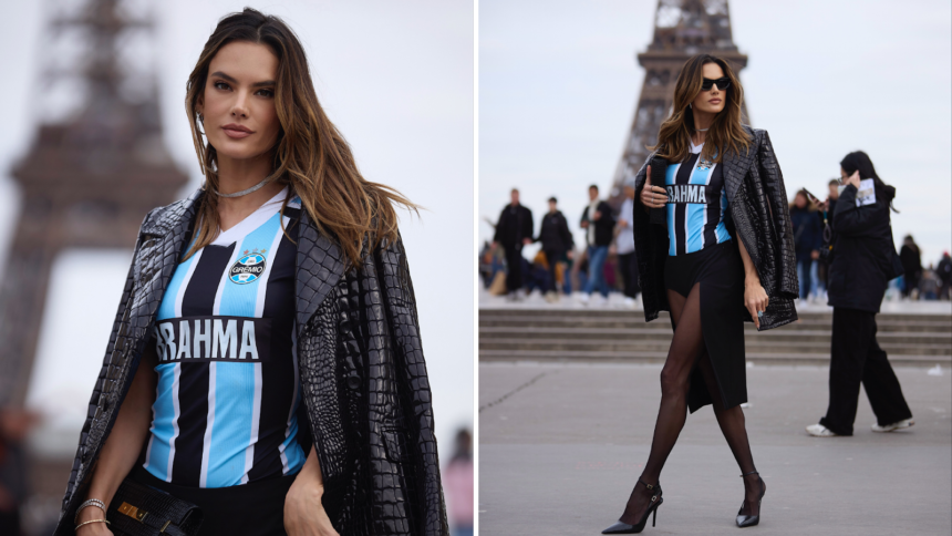 Alessandra Ambrósio veste camisa de futebol em plena Paris Fashion Week